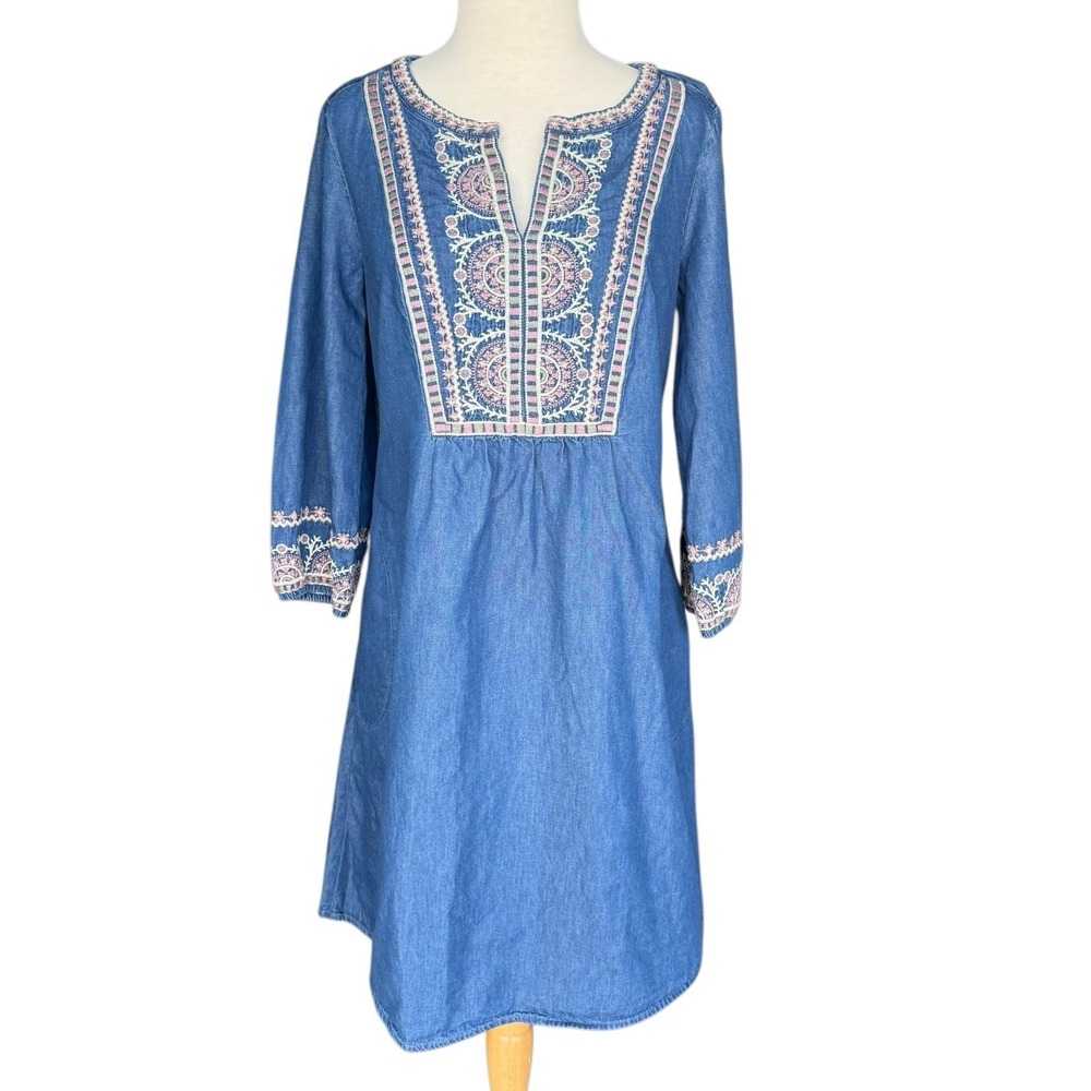 J Jill Denim Dress Chambray Knee Length Embroidered 3/4 Sleeve V-Neck Pockets XS